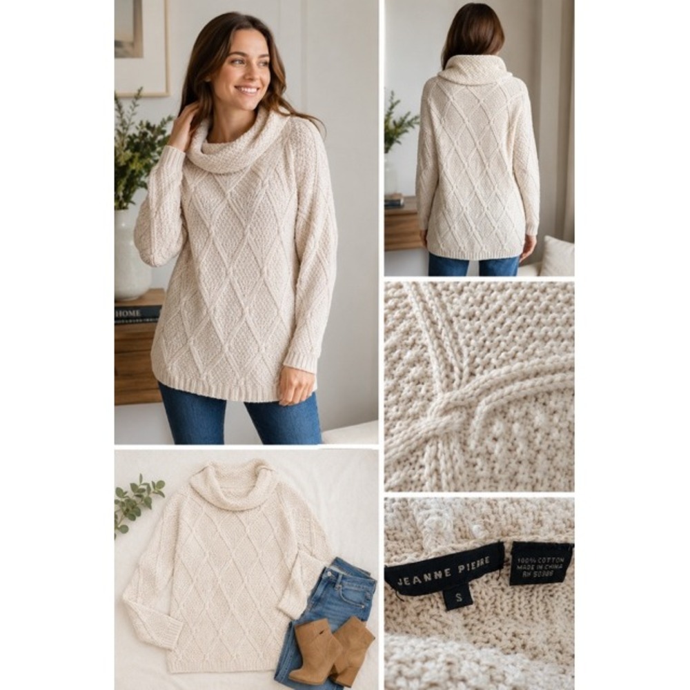 Jeanne Pierre Women Cream Cowl Neck Diamond Cable Knit 100% Cotton Sweater S